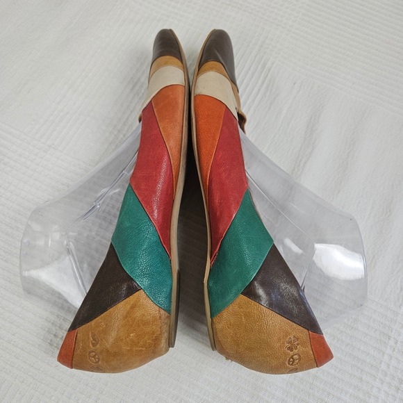 Lucky Brand Petra Patchwork Flats Sz 10 Tan Aqua Coral Brown Leather Pointed Toe - Picture 5 of 9